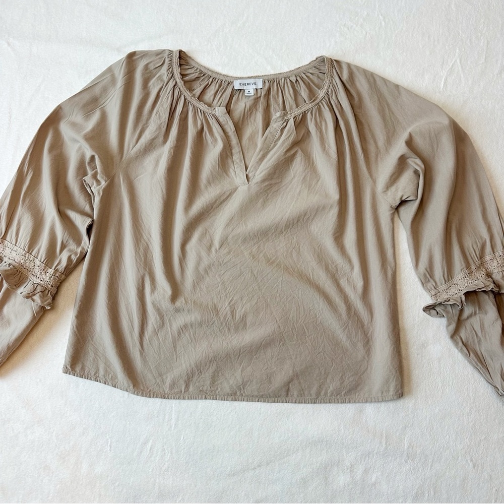 Evereve Elli Top Blouse Sandstone Poplin Blouson Crochet Balloon Sleeves, M - Picture 9 of 16